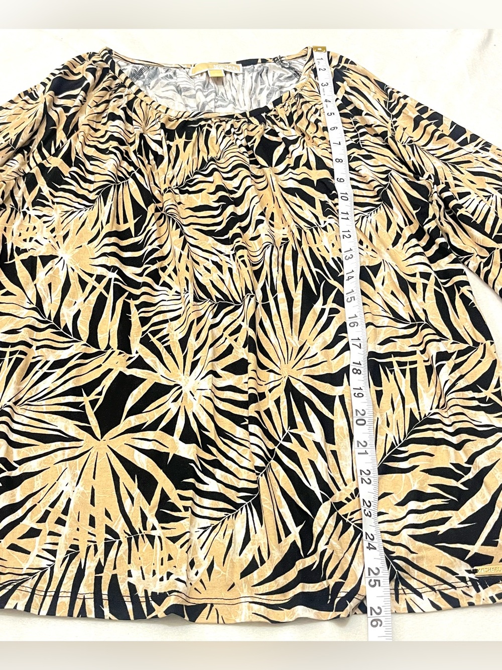 Michael Kors Women's Black and Tan Fall Palm-Leaf Print Bell-Sleeve Top Large - Picture 7 of 16